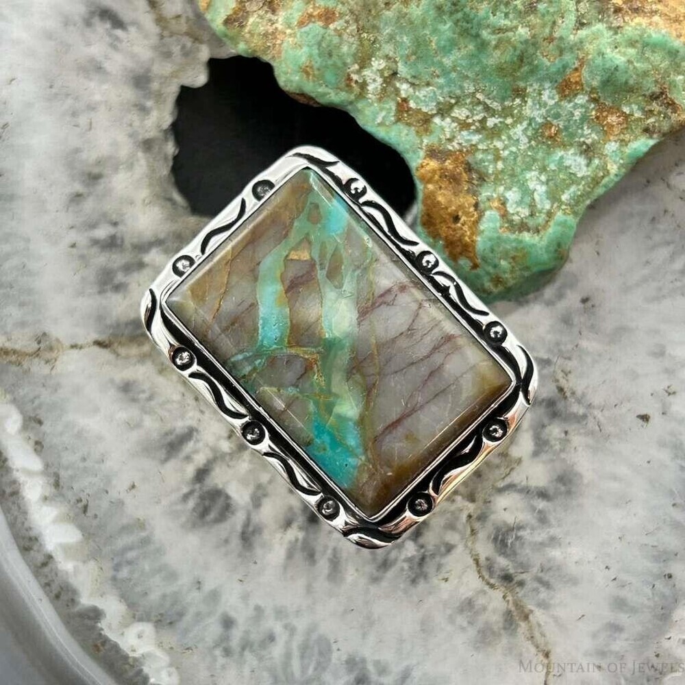 Native American Sterling Rectangle Boulder Ribbon Turquoise Bar Ring Size 7.25